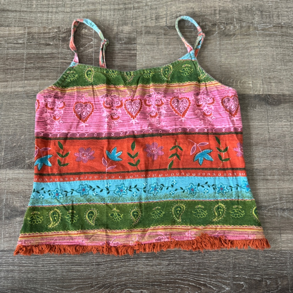 Boho Striped Floral Fringe Tank Top - Pink, Green, Orange, Turquoise